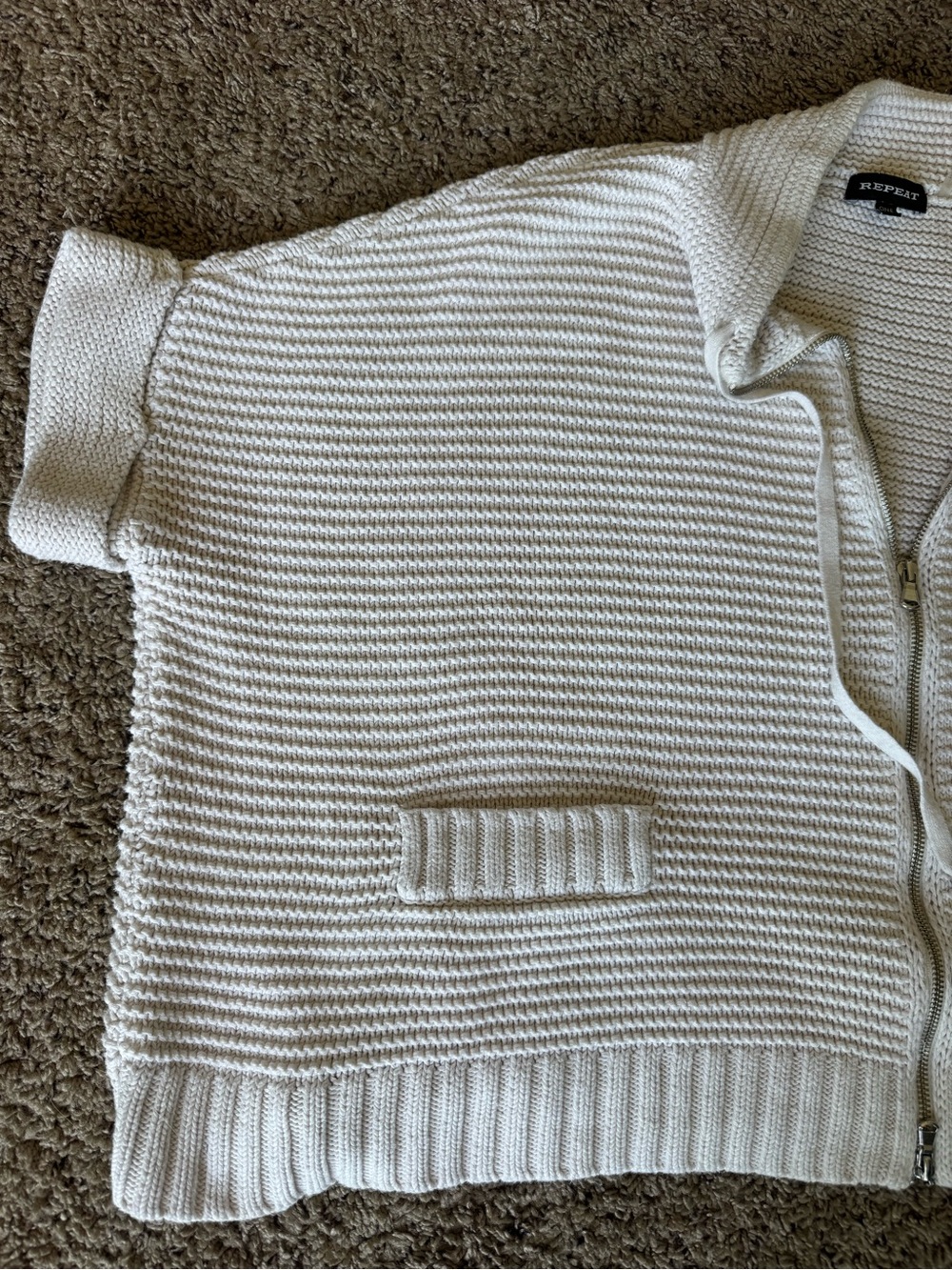 REPEAT Cream Knit Zip-Front Short Sleeve Cardigan O/S - Picture 3 of 7